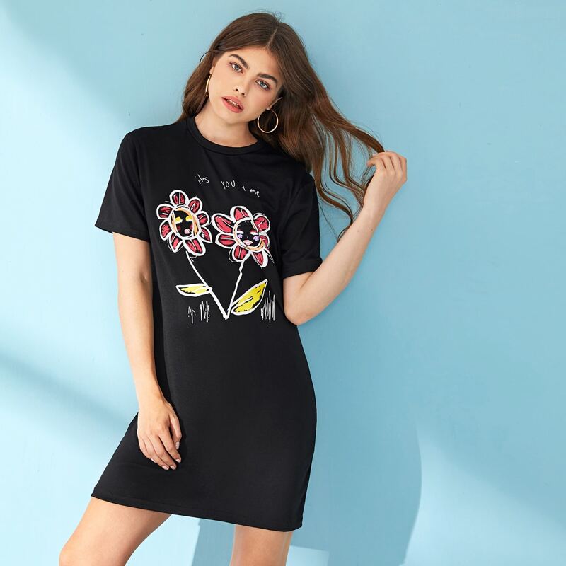 

Flower Graphic Tee Dress, Black