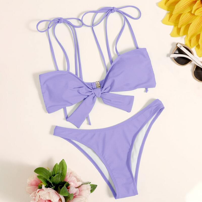 

Knot Front Tie Shoulder Bikini Swimsuit, Purple