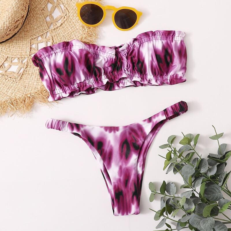 

Lettuce Trim Tie Dye Bandeau Tanga Bikini Swimsuit, Multicolor
