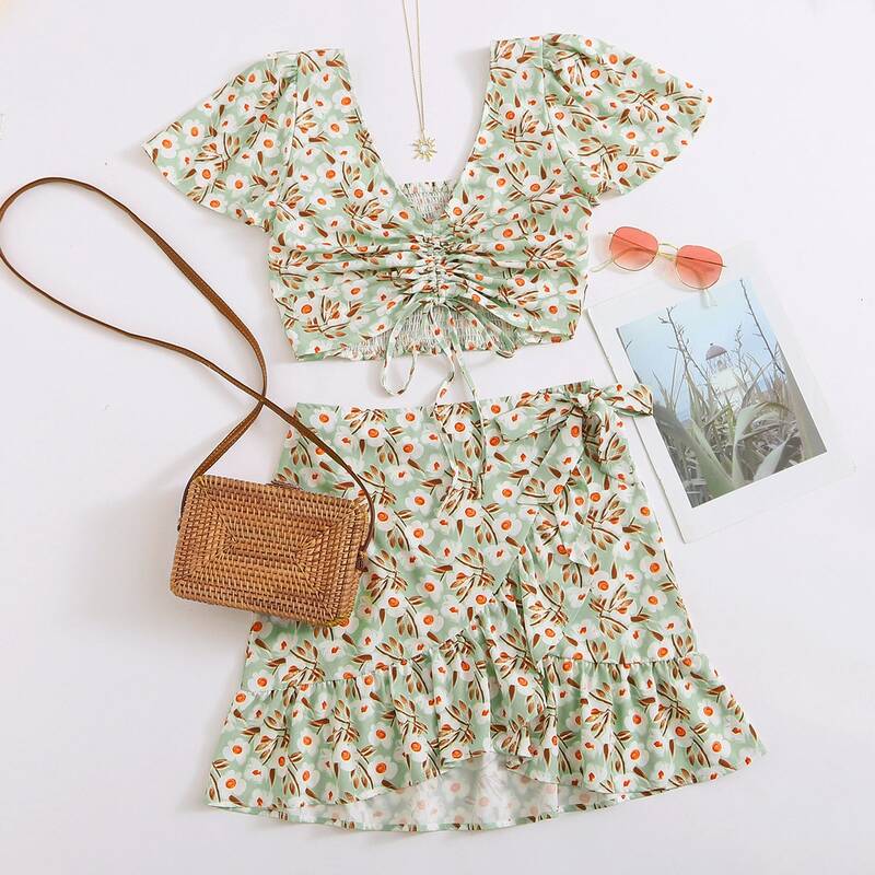 

Floral Drawstring Top & Ruffle Wrap Skirt, Green