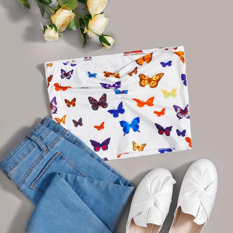 

Butterfly Print Ruched Tube Top, White