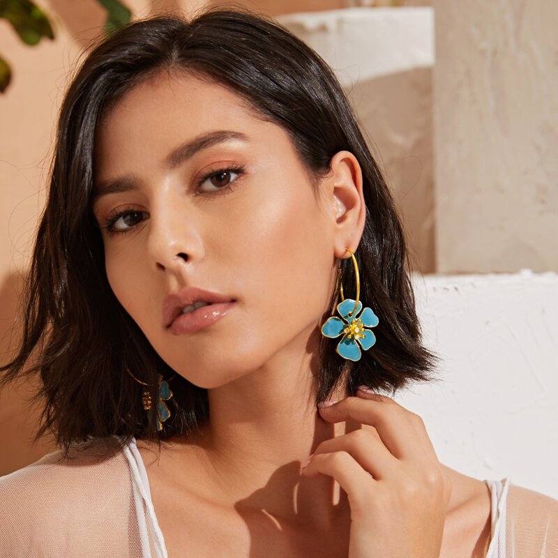 

1pair Floral Hoop Earrings, Blue