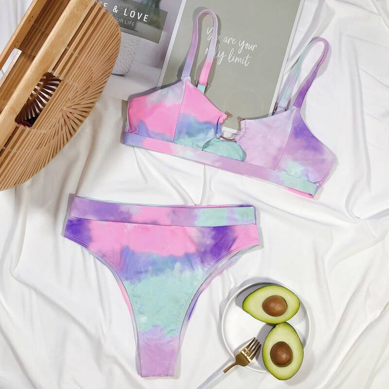 

Tie Dye Ring Linked Bikini Swimsuit, Multicolor
