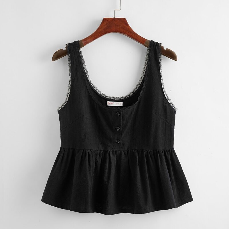 

Lace Trim Peplum Tank Top, Black