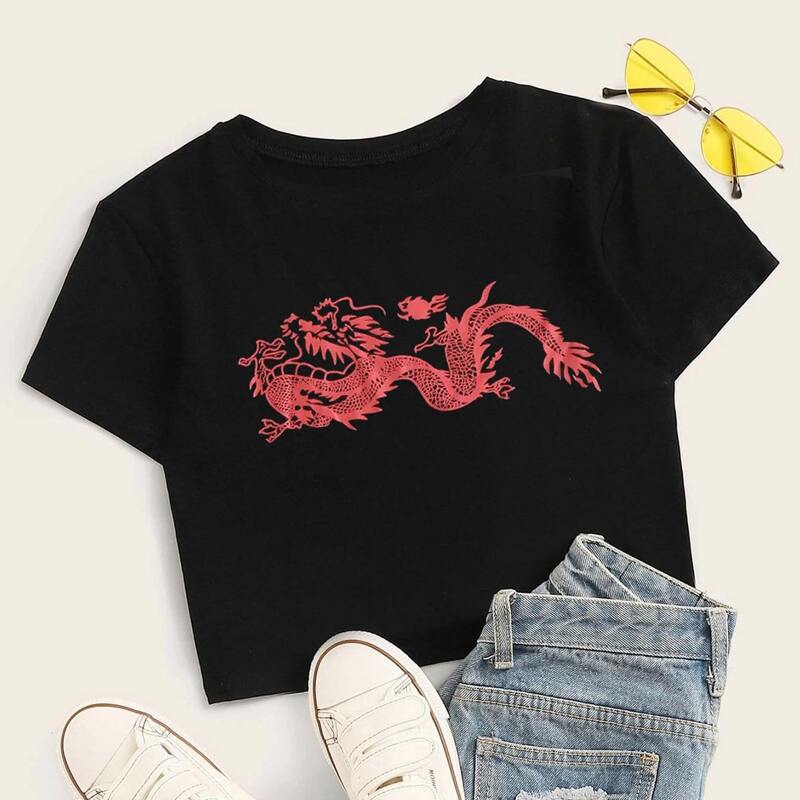 

Chinese Dragon Graphic Crop Top, Black