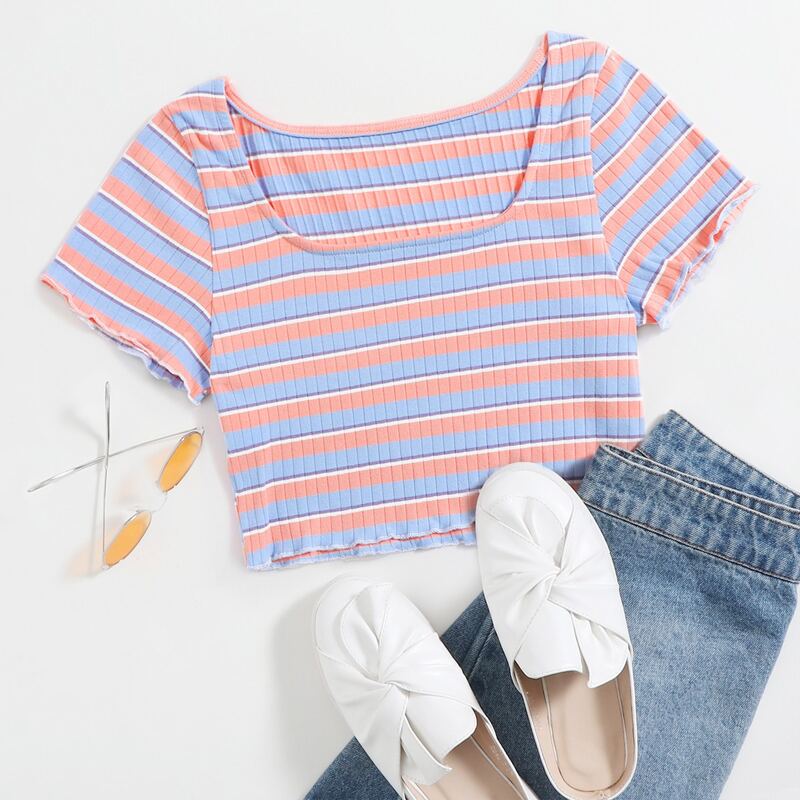 

Striped Lettuce Trim Crop Tee, Multicolor
