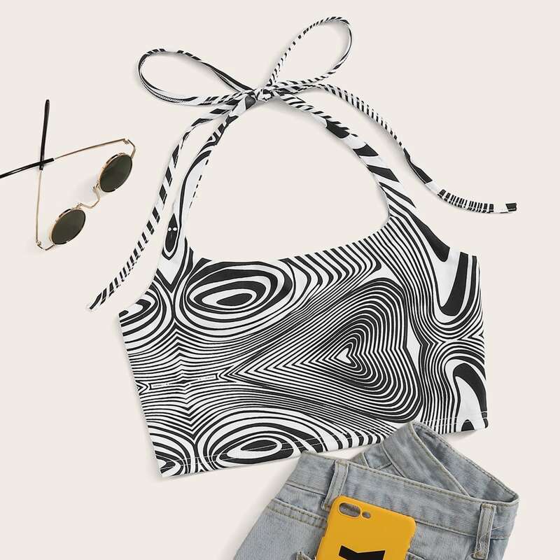 

Zebra Striped Halter Top, Black and white