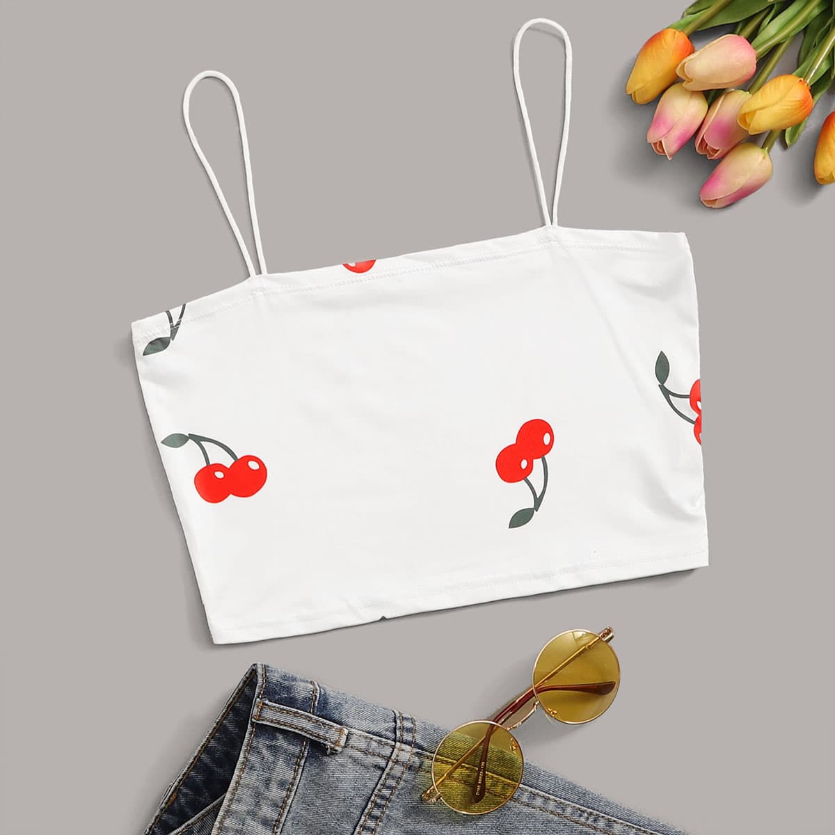 

Cherry Print Crop Cami, White
