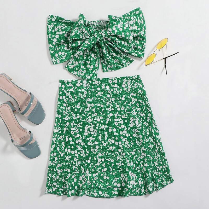 

Ditsy Floral Tie Front Tube Top & Skirt, Green