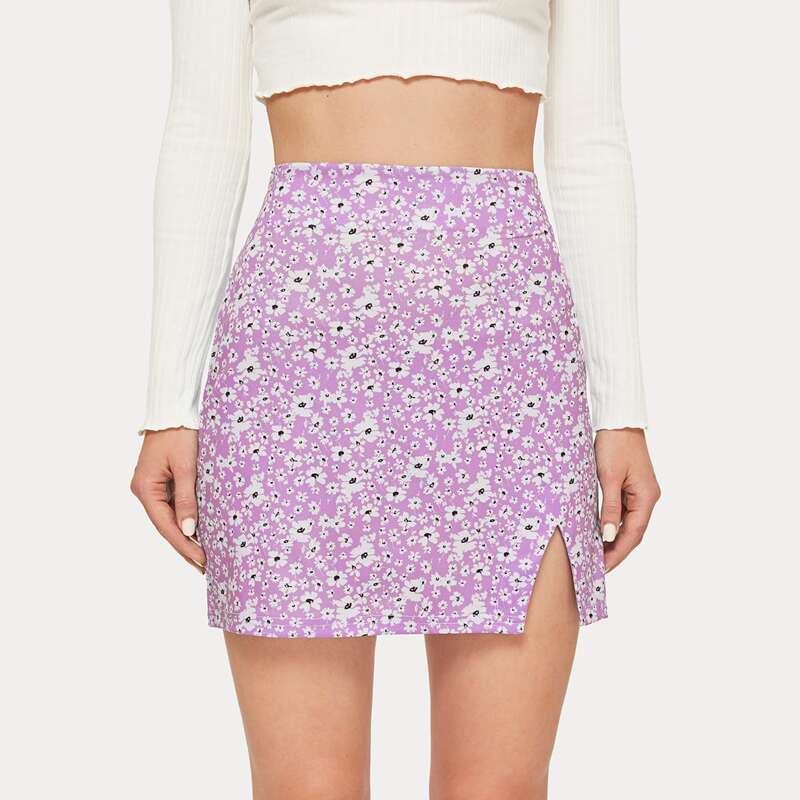 

Ditsy Floral Slit Mini Skirt, Purple
