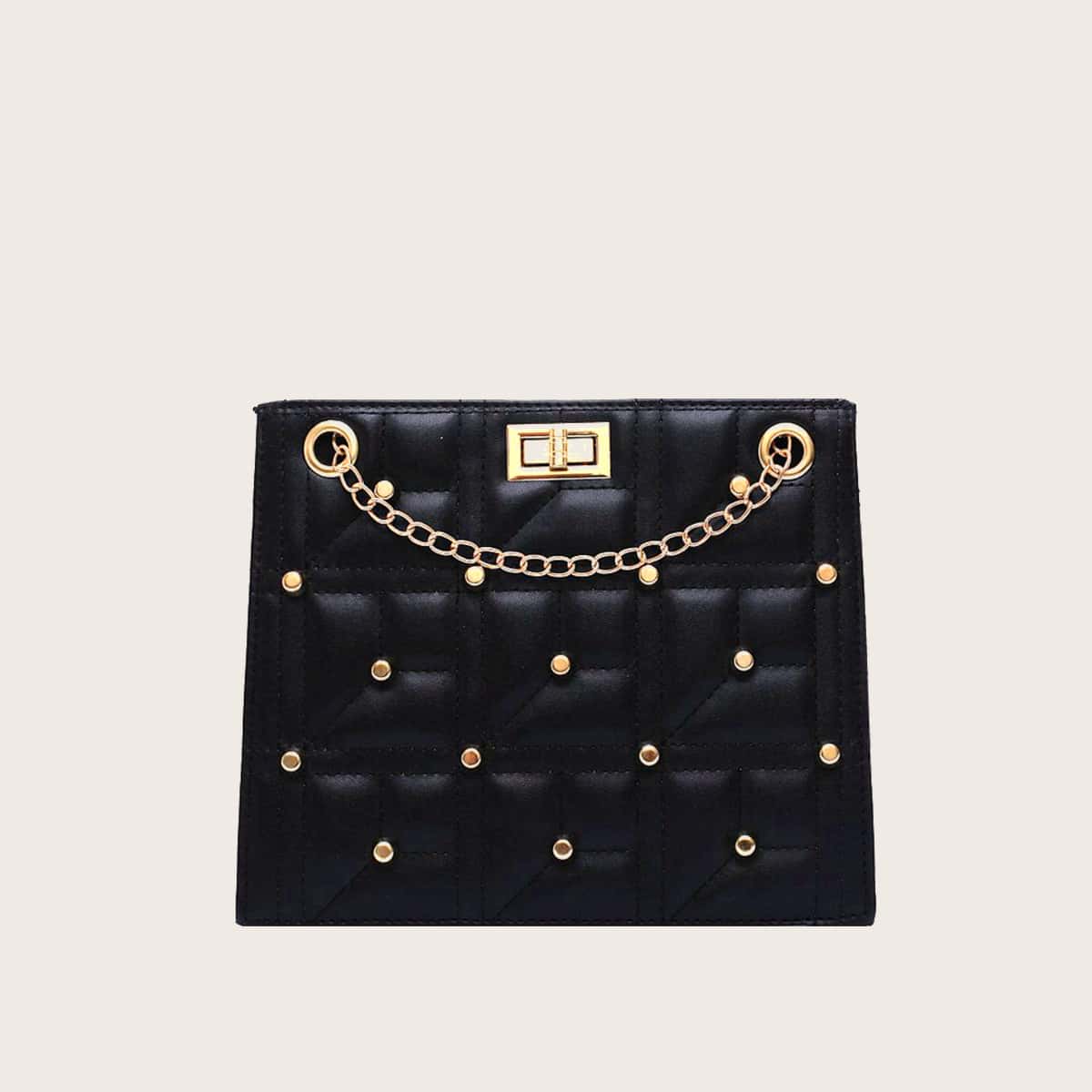 

Studded Quilted Chain Tote Bag, Black
