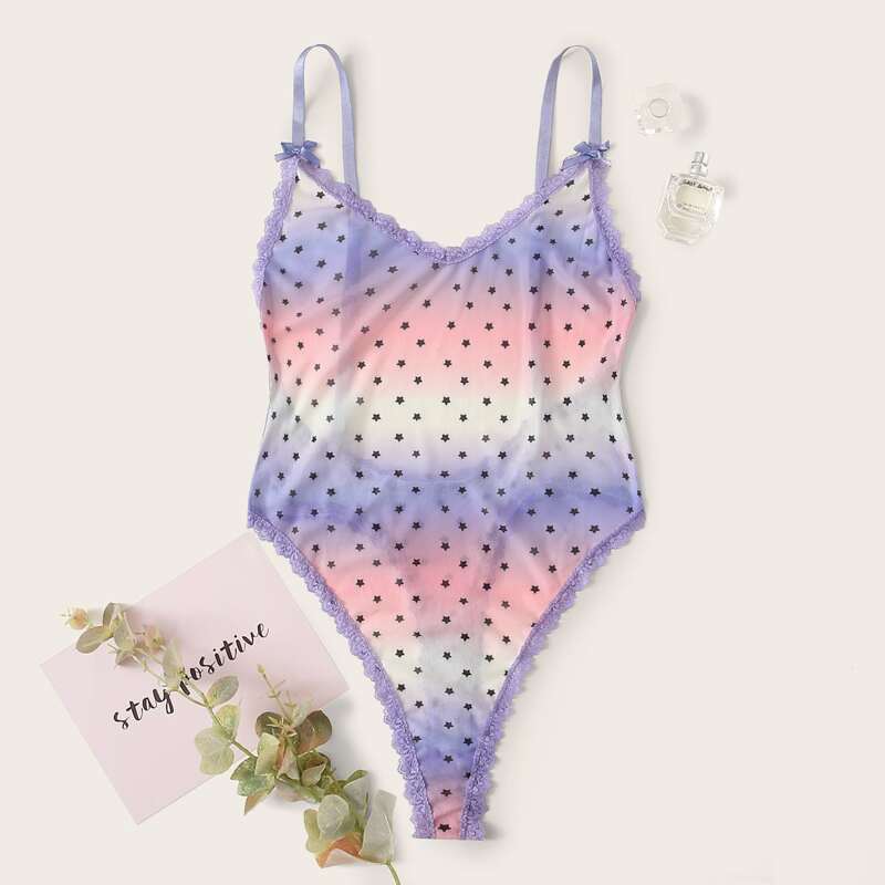 

Star Print Ombre Open-Back Teddy Bodysuit, Multicolor