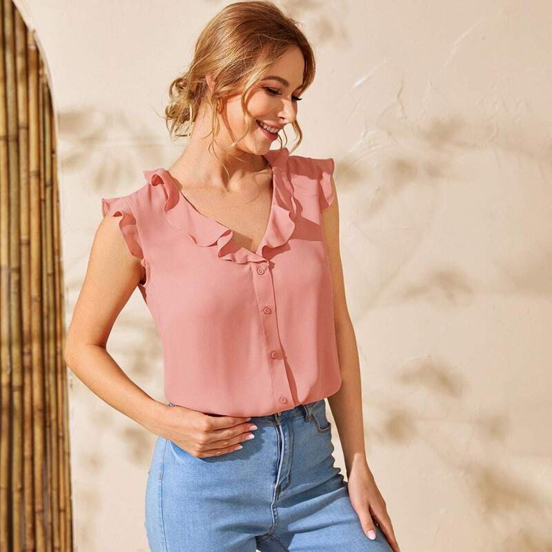 

Ruffle Trim Solid Blouse, Pink