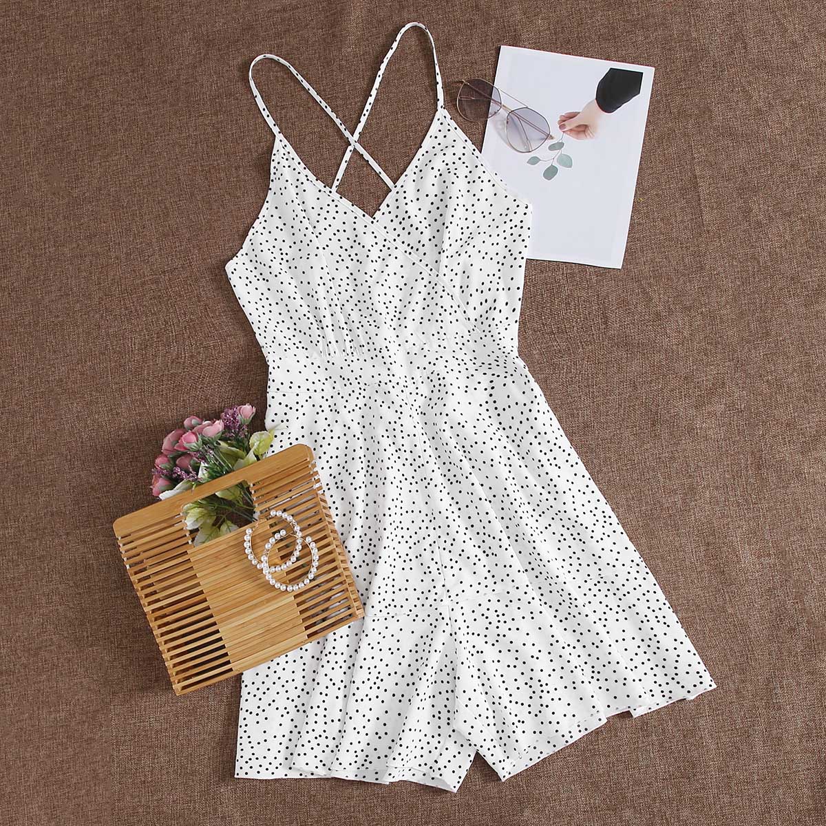 Plus Polka Dot Criss Cross Cami Romper thumbnail