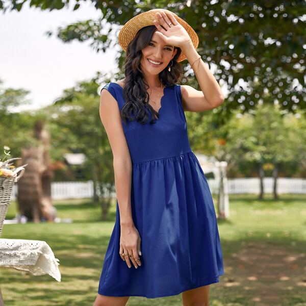 

Scallop Trim Solid Smock Dress, Navy blue
