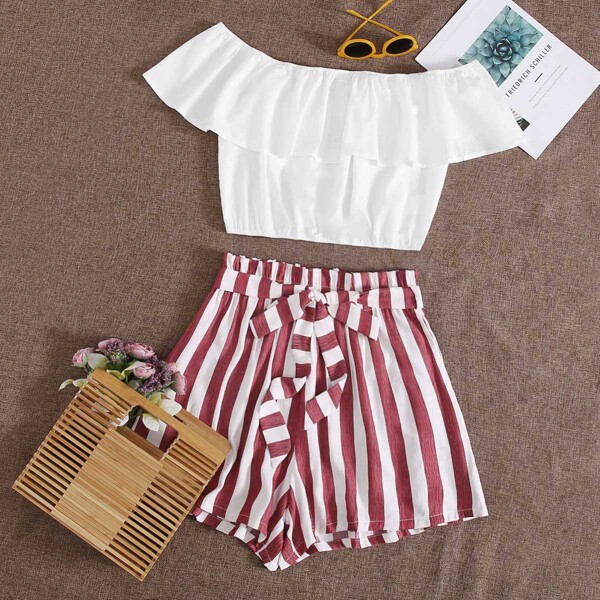 

Plus Off Shoulder Foldover Top & Paperbag Waist Striped Shorts Set, Multicolor