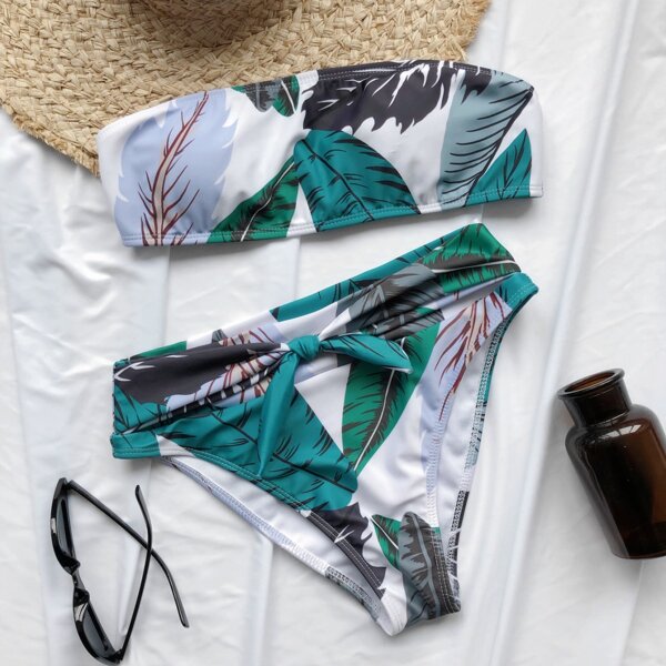 

Tropical Knot Front Bandeau Bikini Swimsuit, Multicolor