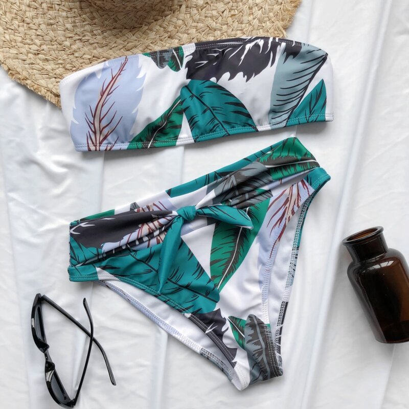 

Tropical Knot Front Bandeau Bikini Swimsuit, Multicolor