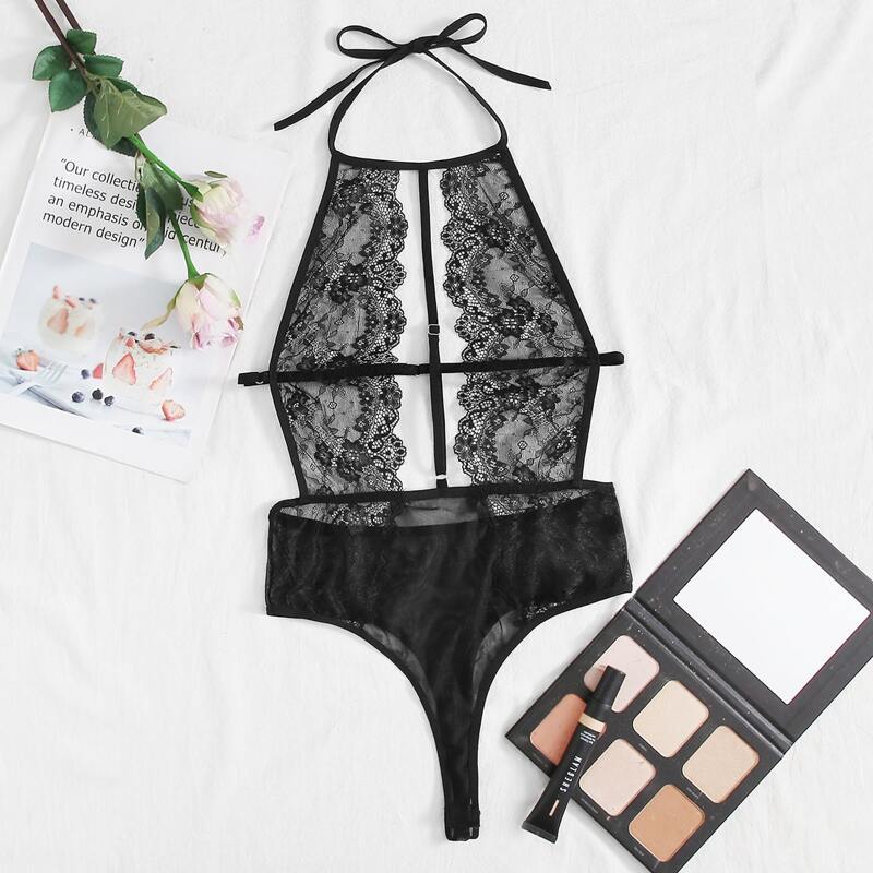 

Floral Lace Halter Teddy Bodysuit, Black