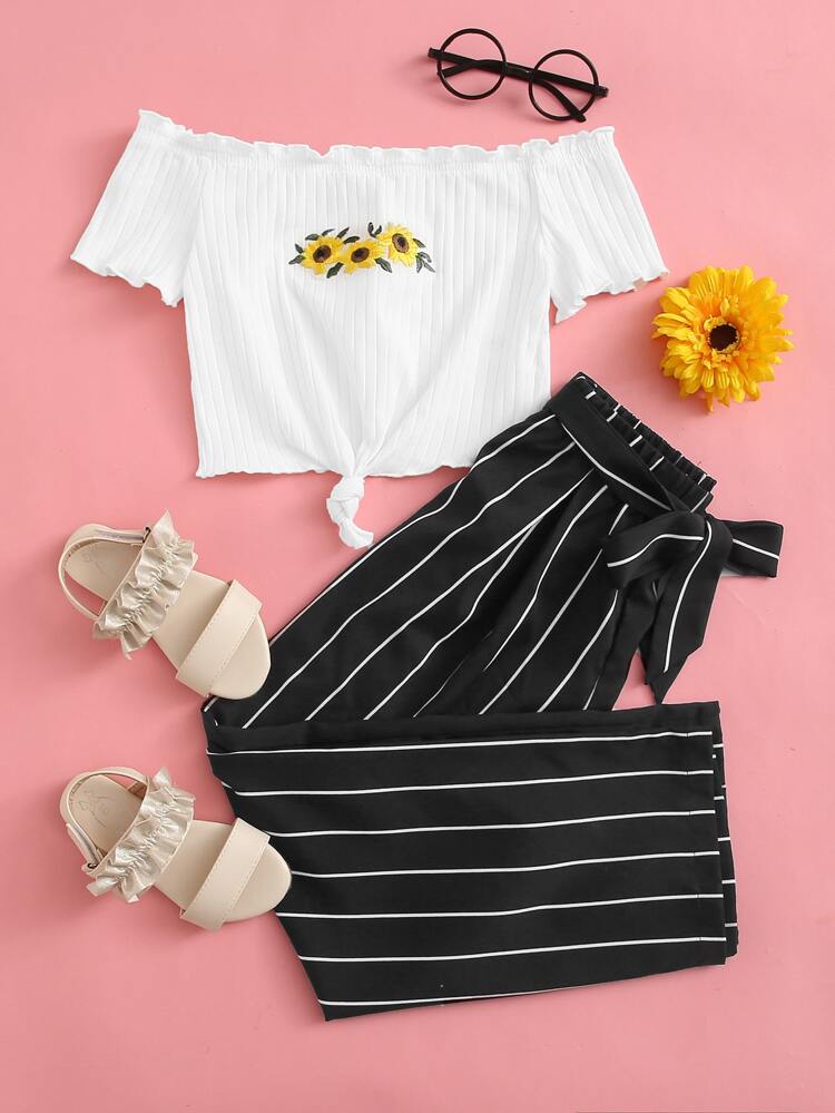 Girls Sunflower Embroidered Lettuce Edge Tee and Striped Pants Set