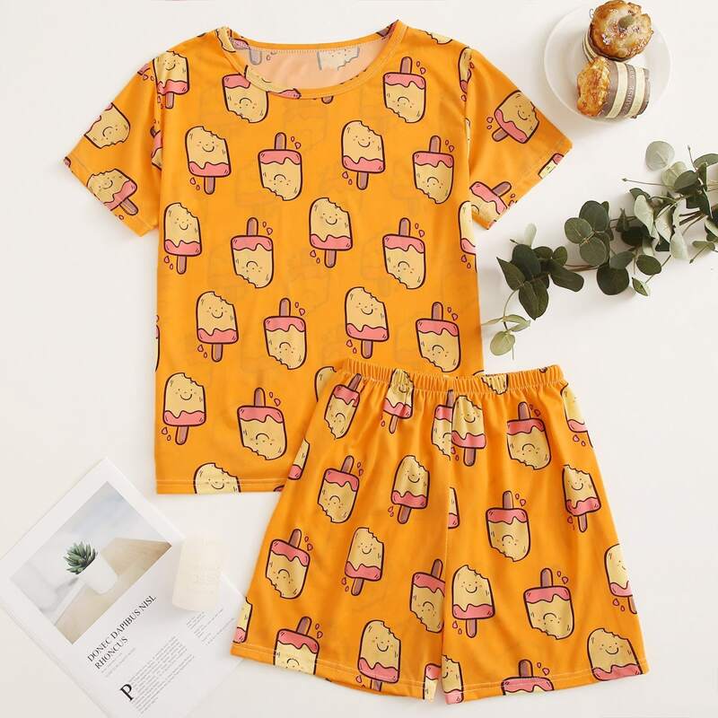 

Cartoon Ice Cream Shorts PJ Set, Yellow