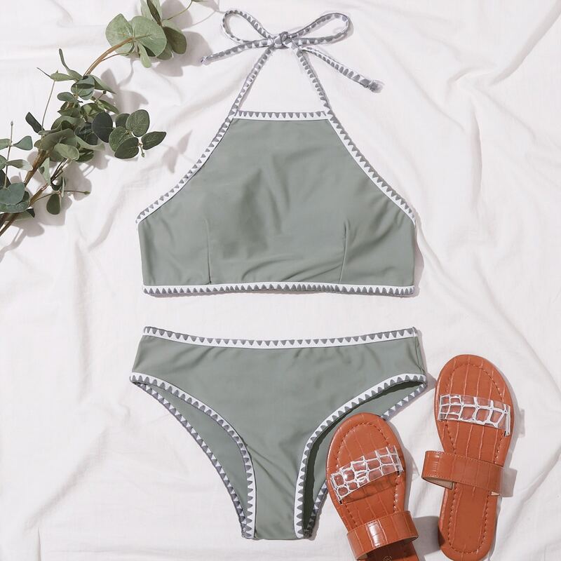 

Whip Stitch Halter Bikini Swimsuit, Grey