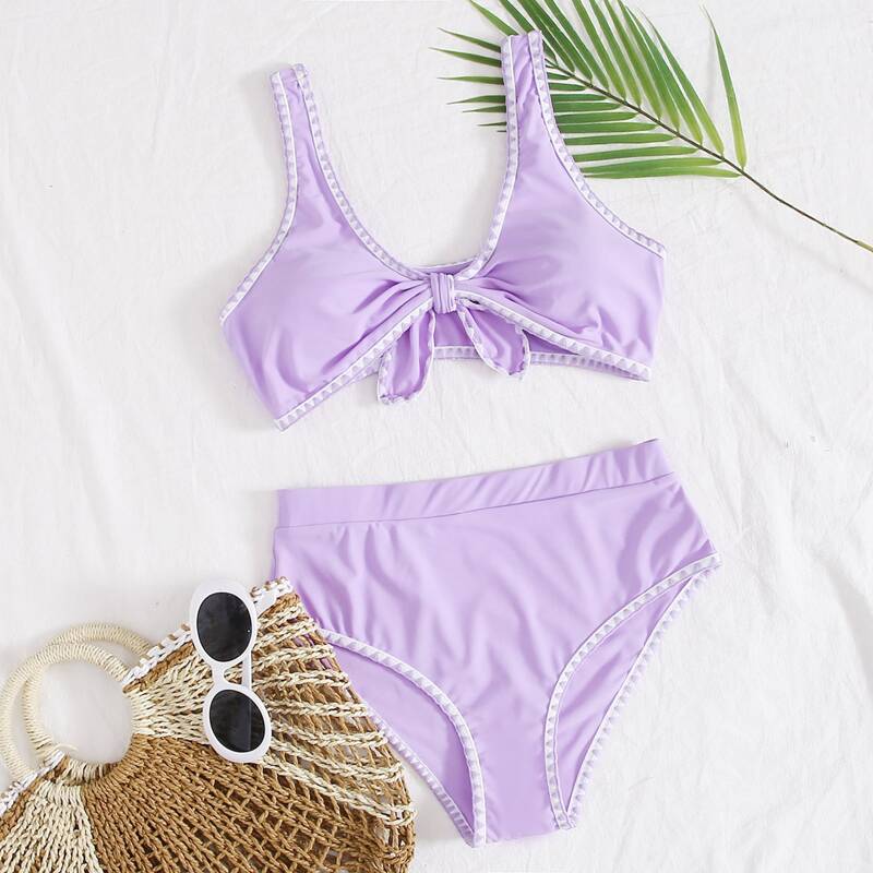 

Whip Stitch Knot Front Bikini Swimsuit, Purple