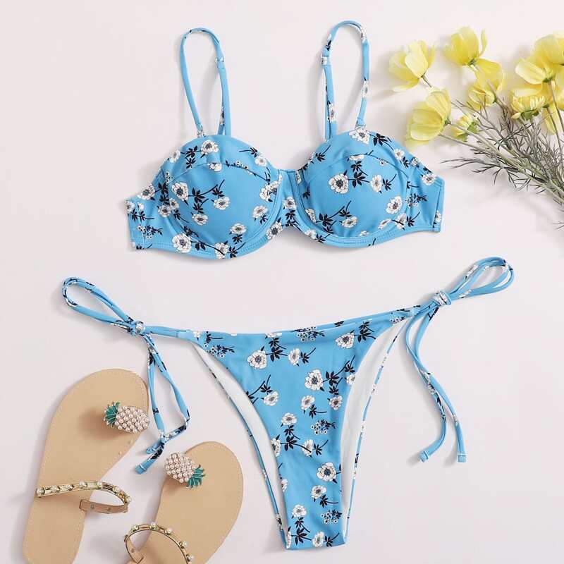

Floral Underwire Tie Side Bikini Swimsuit, Blue