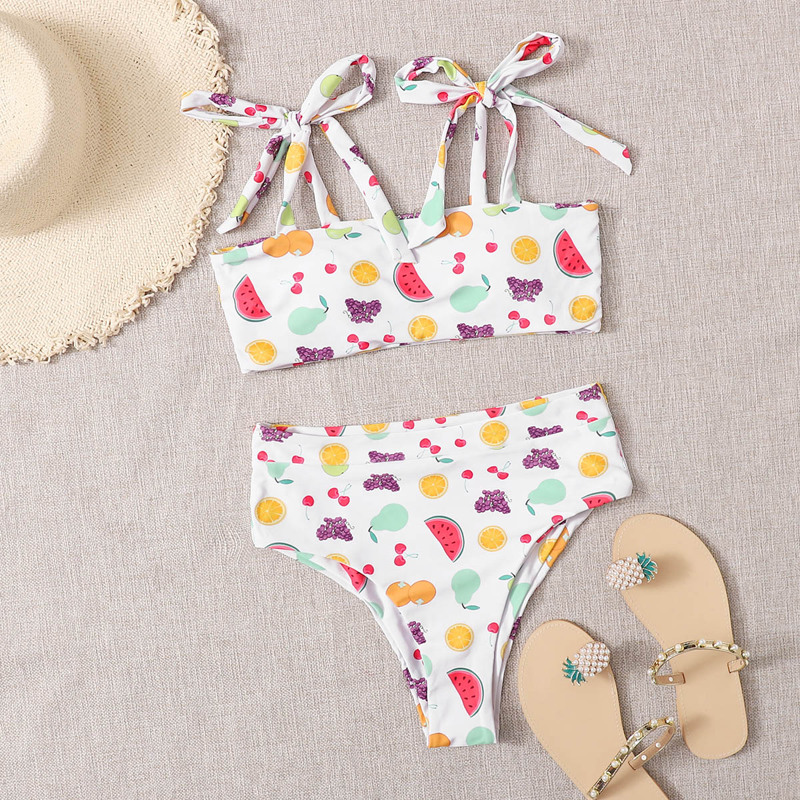 

Fruit Print Tie Shoulder Bikini Swimsuit, Multicolor
