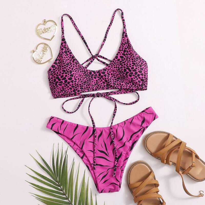 

Allover Print Tie Back Bikini Swimsuit, Pink