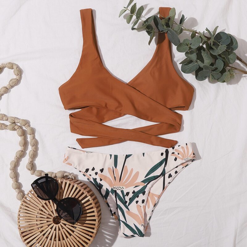

Plant Print Wrap Bikini Swimsuit, Multicolor