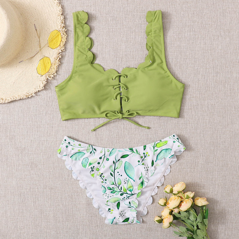 

Plant Print Lace-up Scallop Bikini Swimsuit, Green