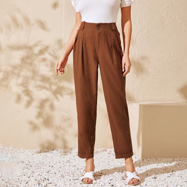 

Button Front Roll Up Hem Pants, Brown