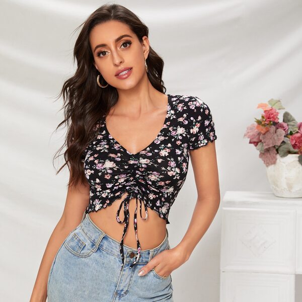 

Lettuce Trim Drawstring Knot Hem Floral Crop Top, Black