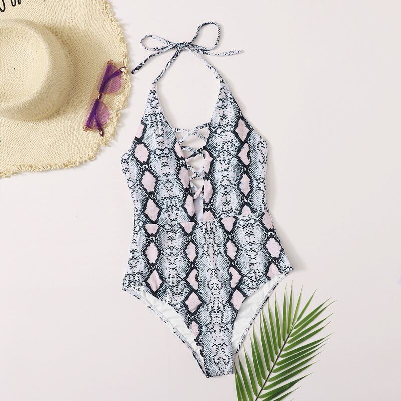 

Snake Skin Lattice One Piece Swimsuit, Multicolor