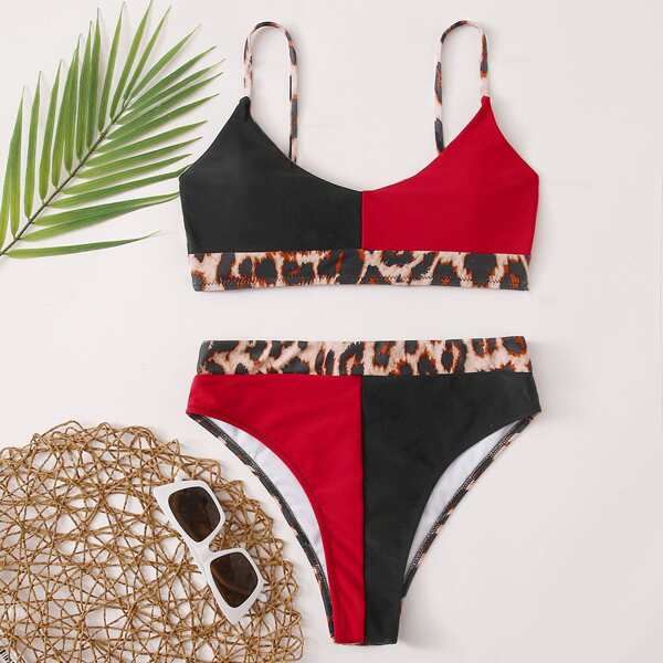 

Contrast Leopard High Waisted Bikini Swimsuit, Multicolor