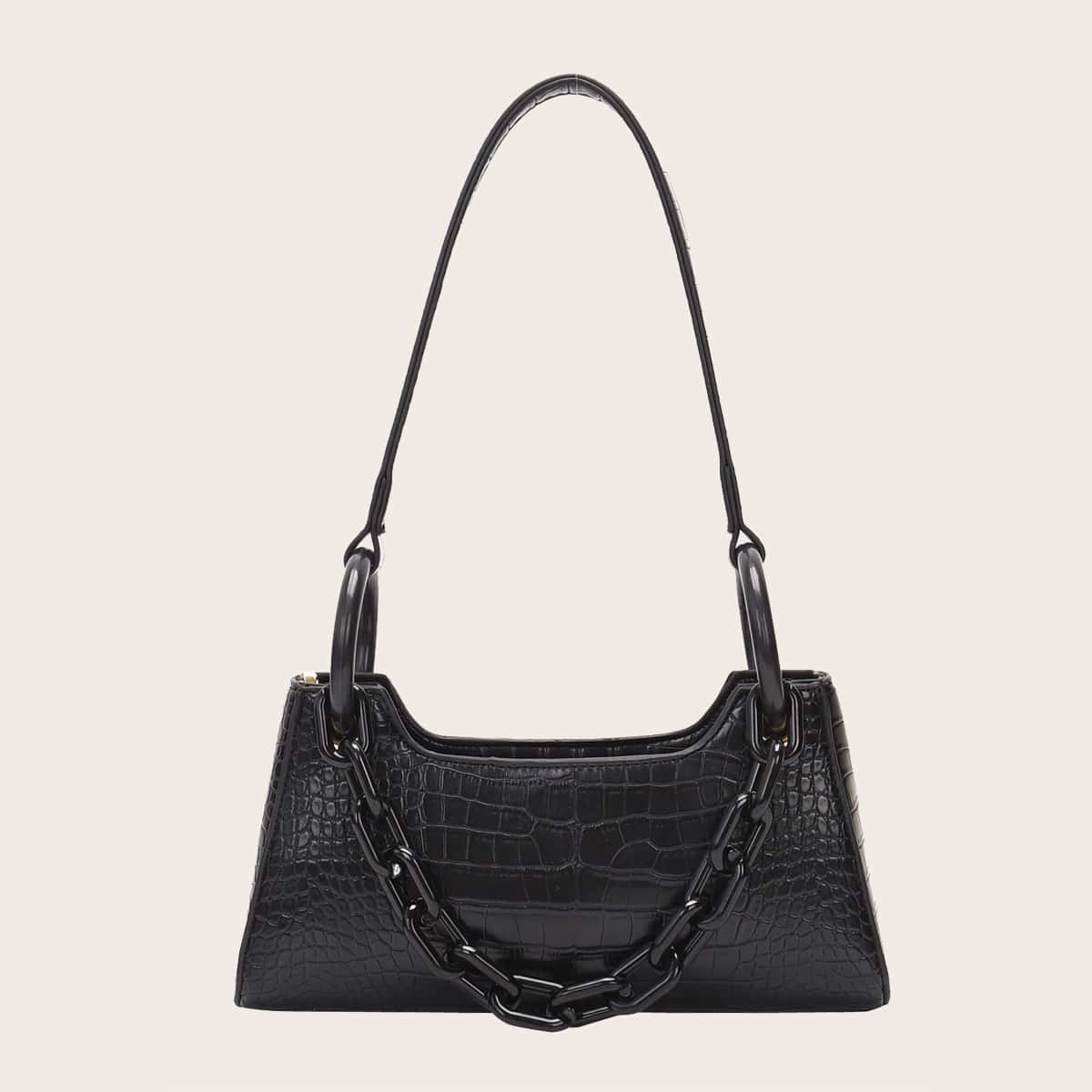 

Croc Embossed Tote Bag With Chain Handle, Black