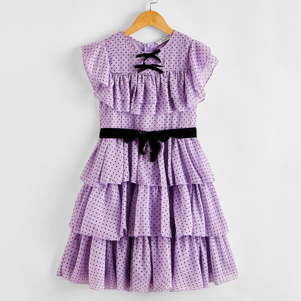 

Girls Velvet Bow and Tie Front Layered Hem Dress, Purple