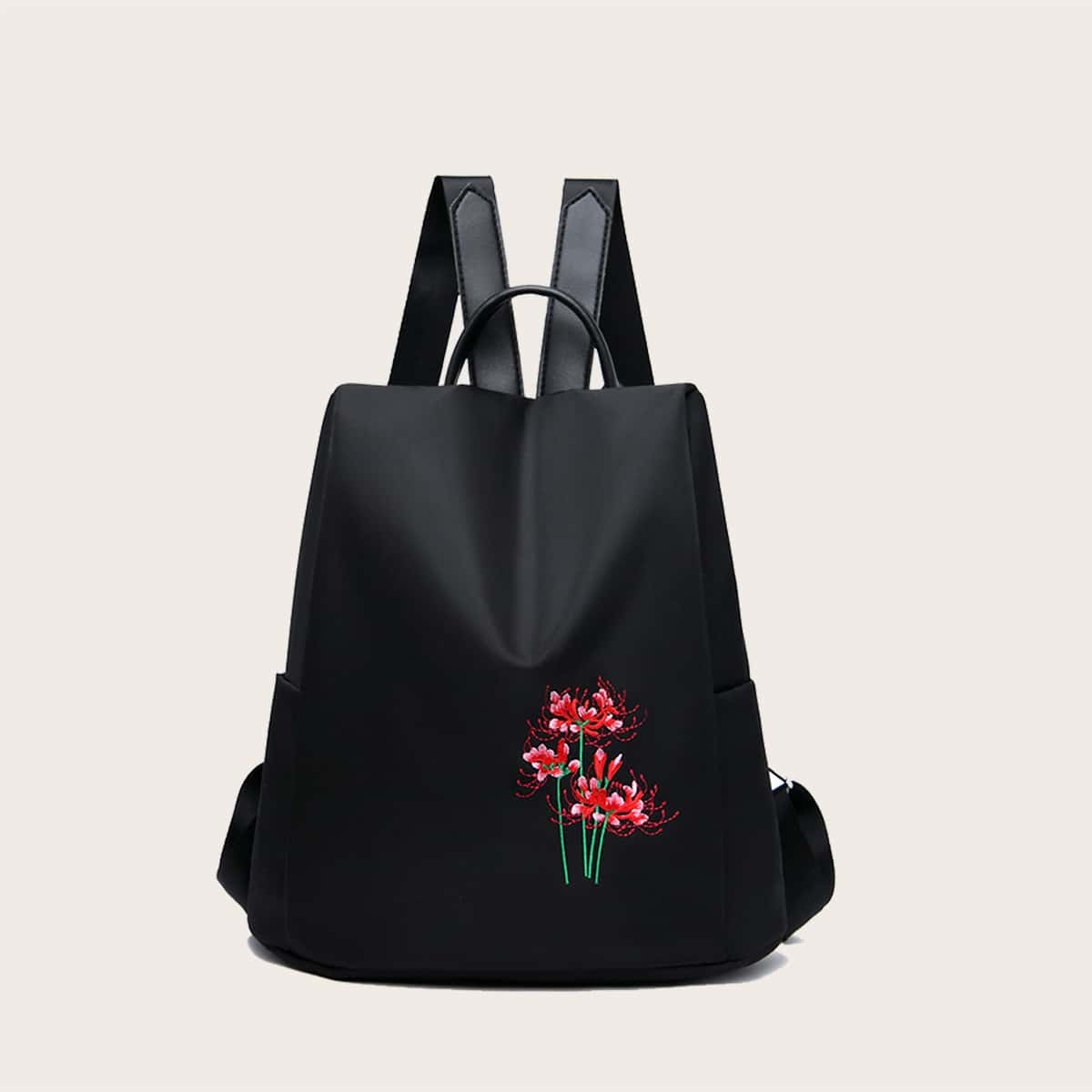

Floral Embroidery Backpack, Black