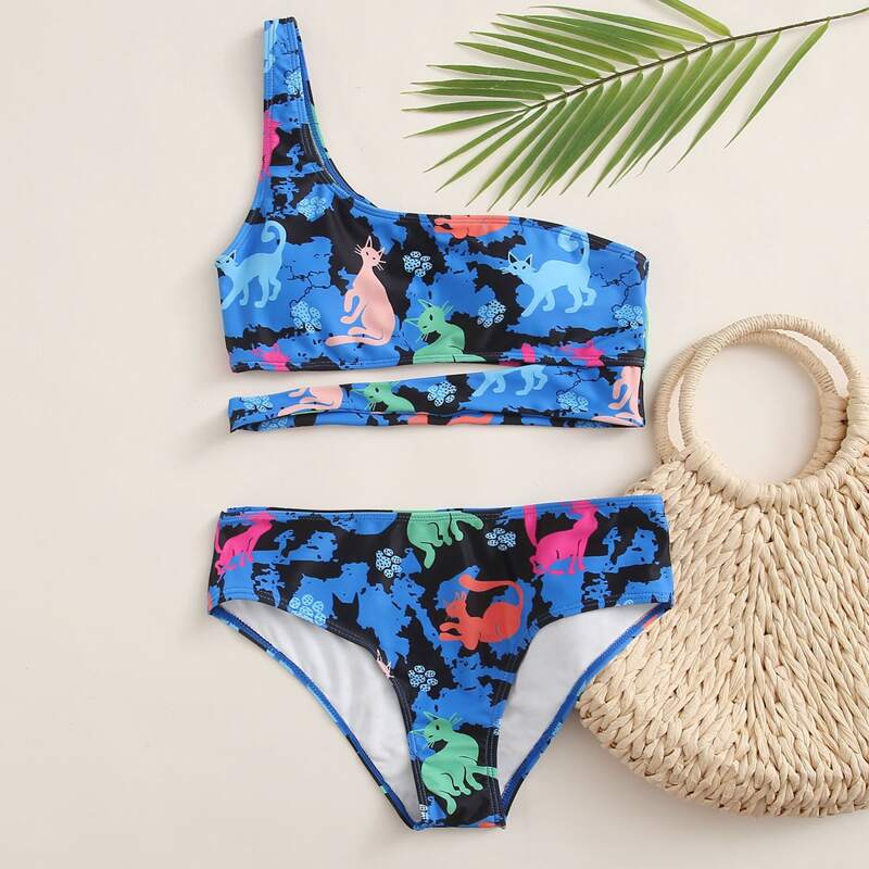 

Cartoon Cat One Shoulder Bikini Swimsuit, Multicolor