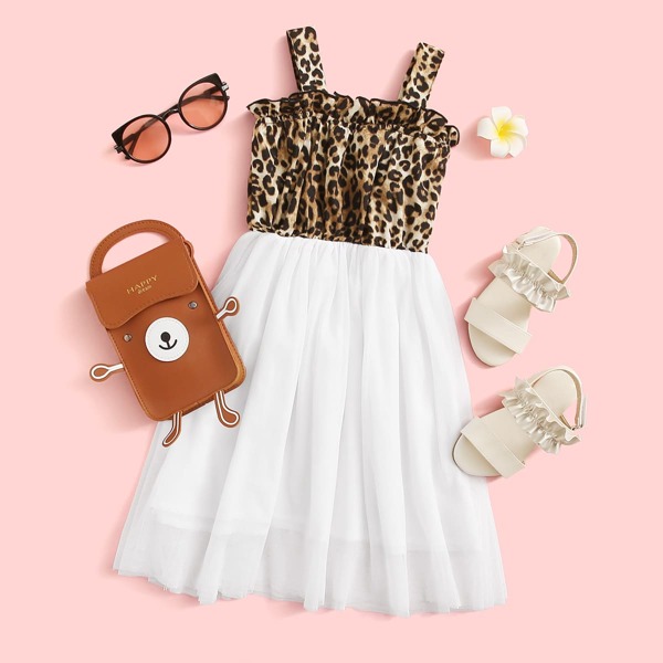 

Toddler Girls Leopard Mesh Panel Ruffle Cami Dress, Multicolor