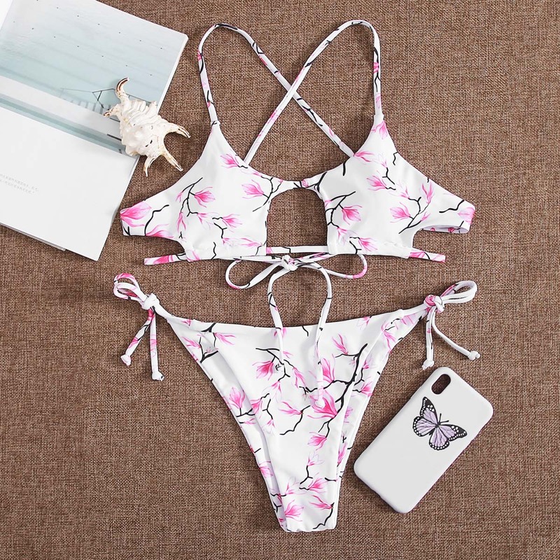 

Floral Tie Side Bikini Swimsuit, White