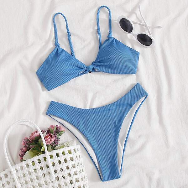 

Rib Knot High Leg Bikini Swimsuit, Blue