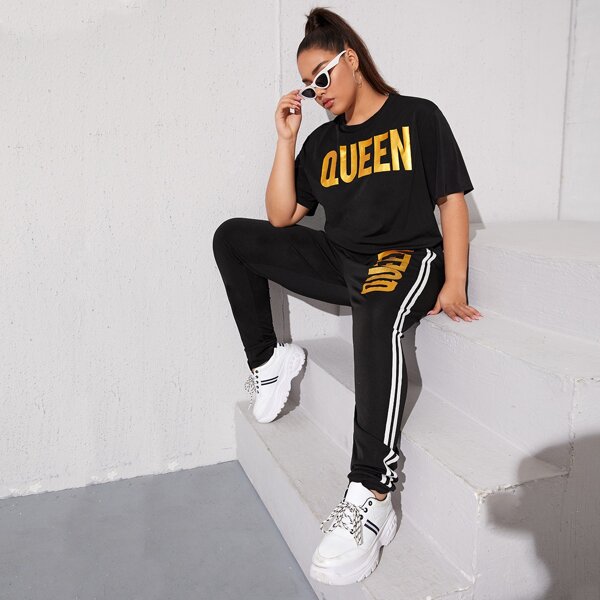 

Plus Letter Graphic Tee With Side Stripe Joggers, Black