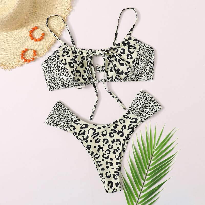 

Contrast Leopard High Leg Bikini Swimsuit, Multicolor