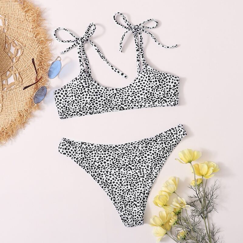

Dalmatian Tie Shoulder Bikini Swimsuit, Black and white