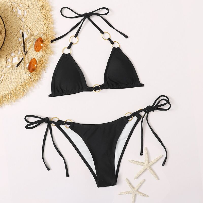 

Ring Linked Triangle Tie Side Bikini Swimsuit, Black