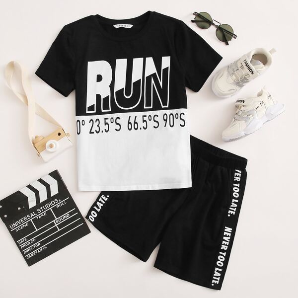 

Boys Two Tone Letter Graphic Top & Slogan Tape Shorts Set, Black