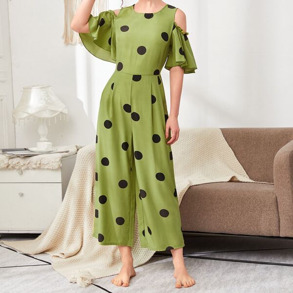 

Cold Shoulder Polka Dot Print Jumpsuit, Lime green