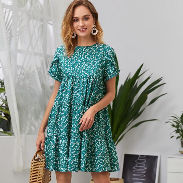 

Ditsy Floral Flounce Sleeve Smock Dress, Green